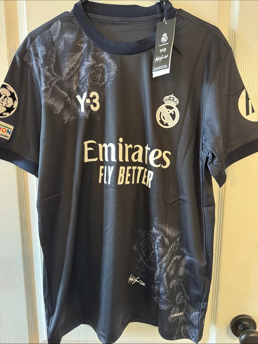 adidas Y-3 Black Floral Real Madrid Jersey with White Logos